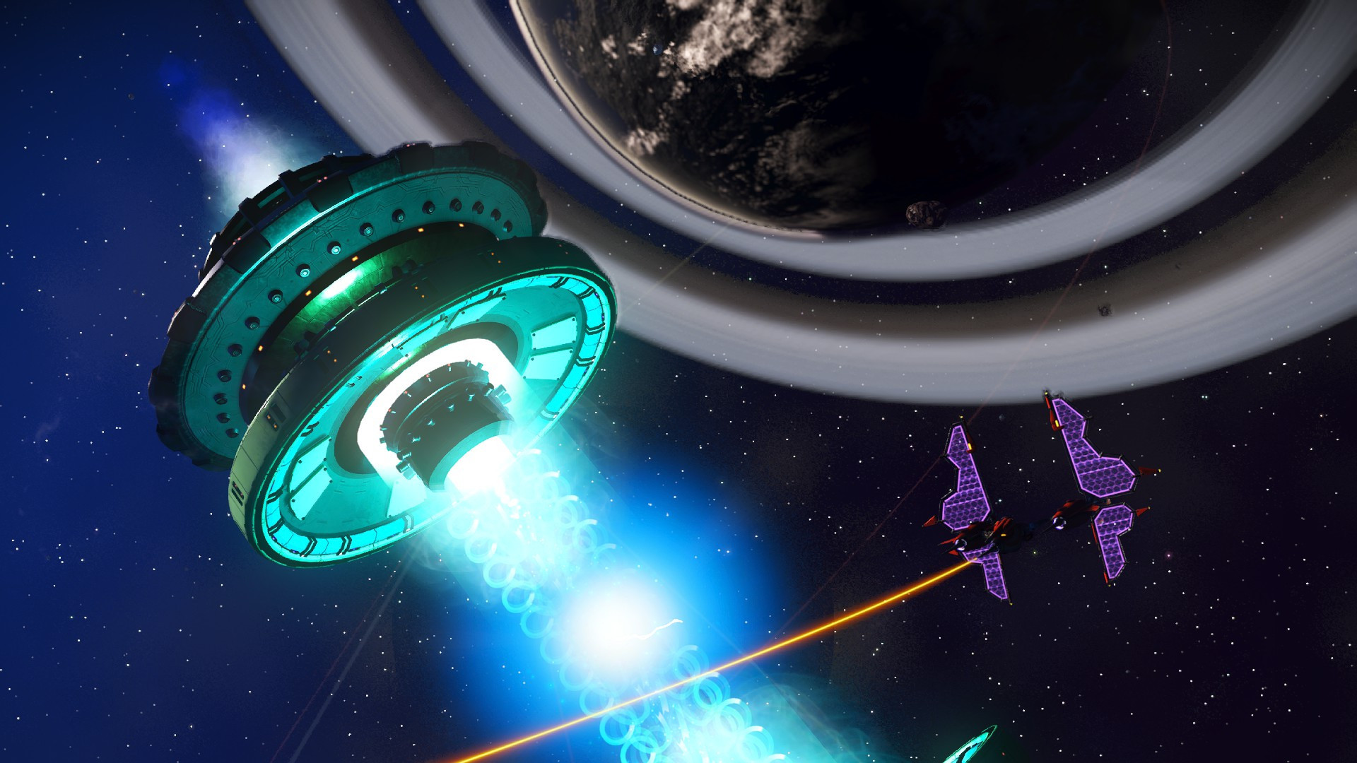 A space ship flying past a space station with a ringed planet in the background.