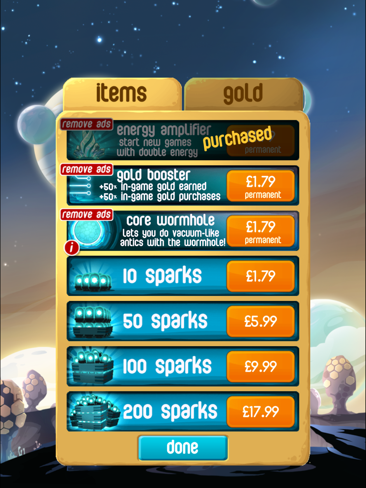 A shop selling items called sparks for real money