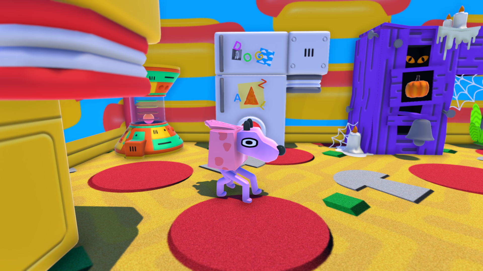 a room with pizza carpet and hotdog walls, a short pink wobbledog stands in it