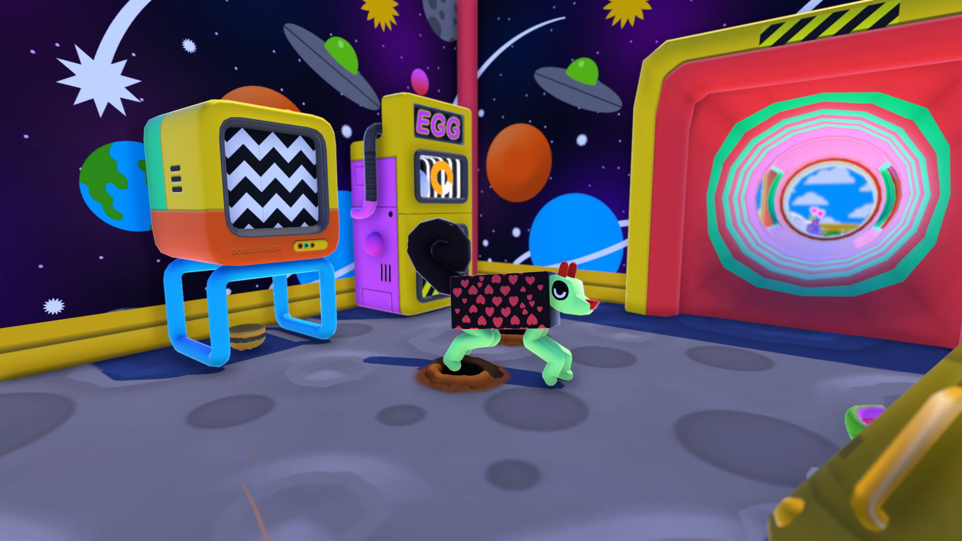 a space themed room with a black curly tailed wobbledog in it